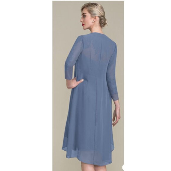 JJs House A-Line V-Neck Asymmetrical Blue Dress with Lace Includes Matching Wrap - Picture 3 of 8